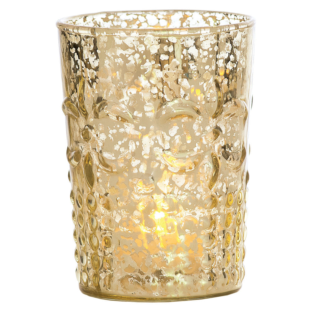 Vintage Mercury Glass Candle Holder (4-Inch, Fleur Design, Flower Motif, Gold) - For Home Decor, Party Decorations, and Wedding Centerpieces - PaperLanternStore.com - Paper Lanterns, Decor, Party Lights &amp; More