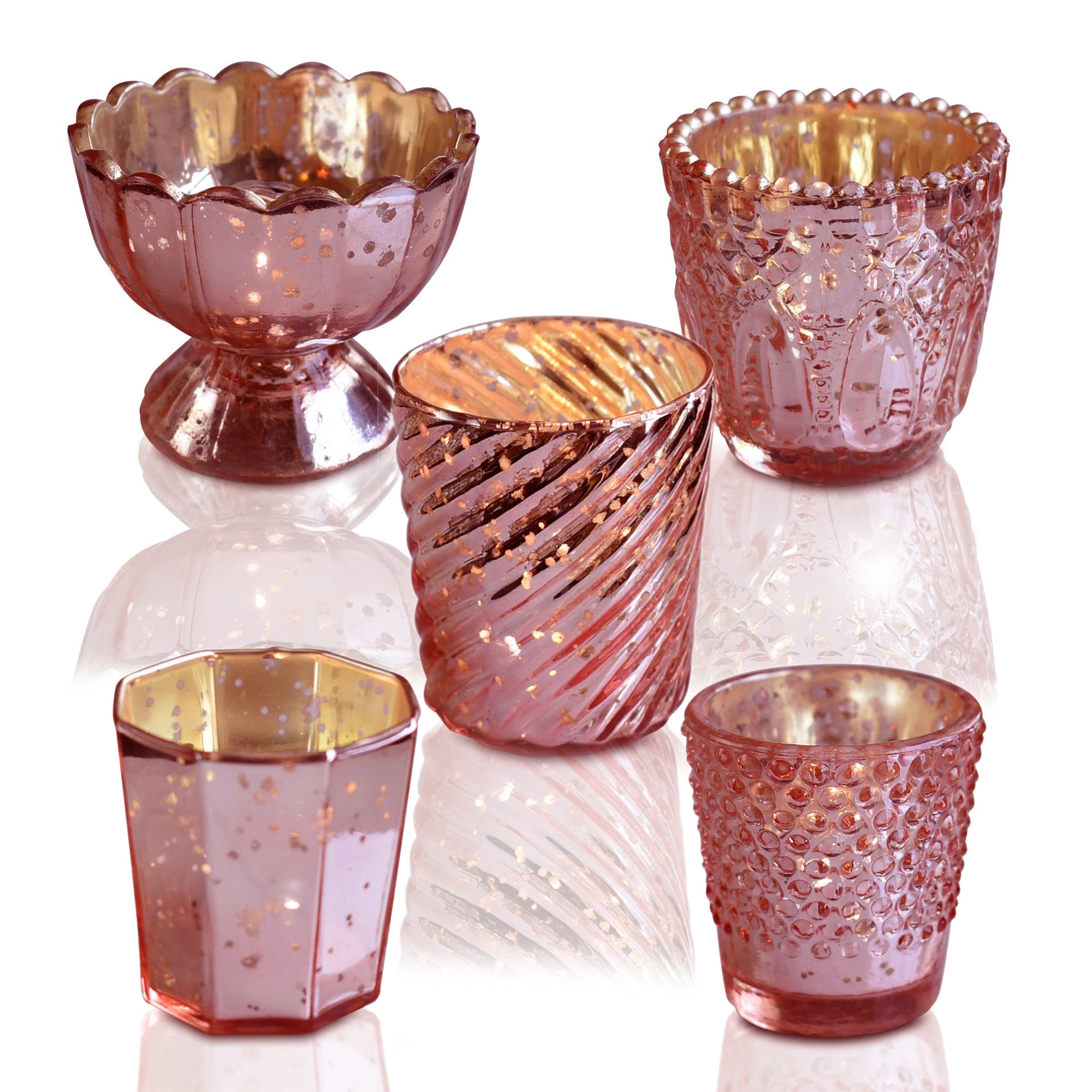 Electric Pink Mercury Glass Tea Light Votive Candle Holders (Set of 5, Assorted Designs and Sizes)