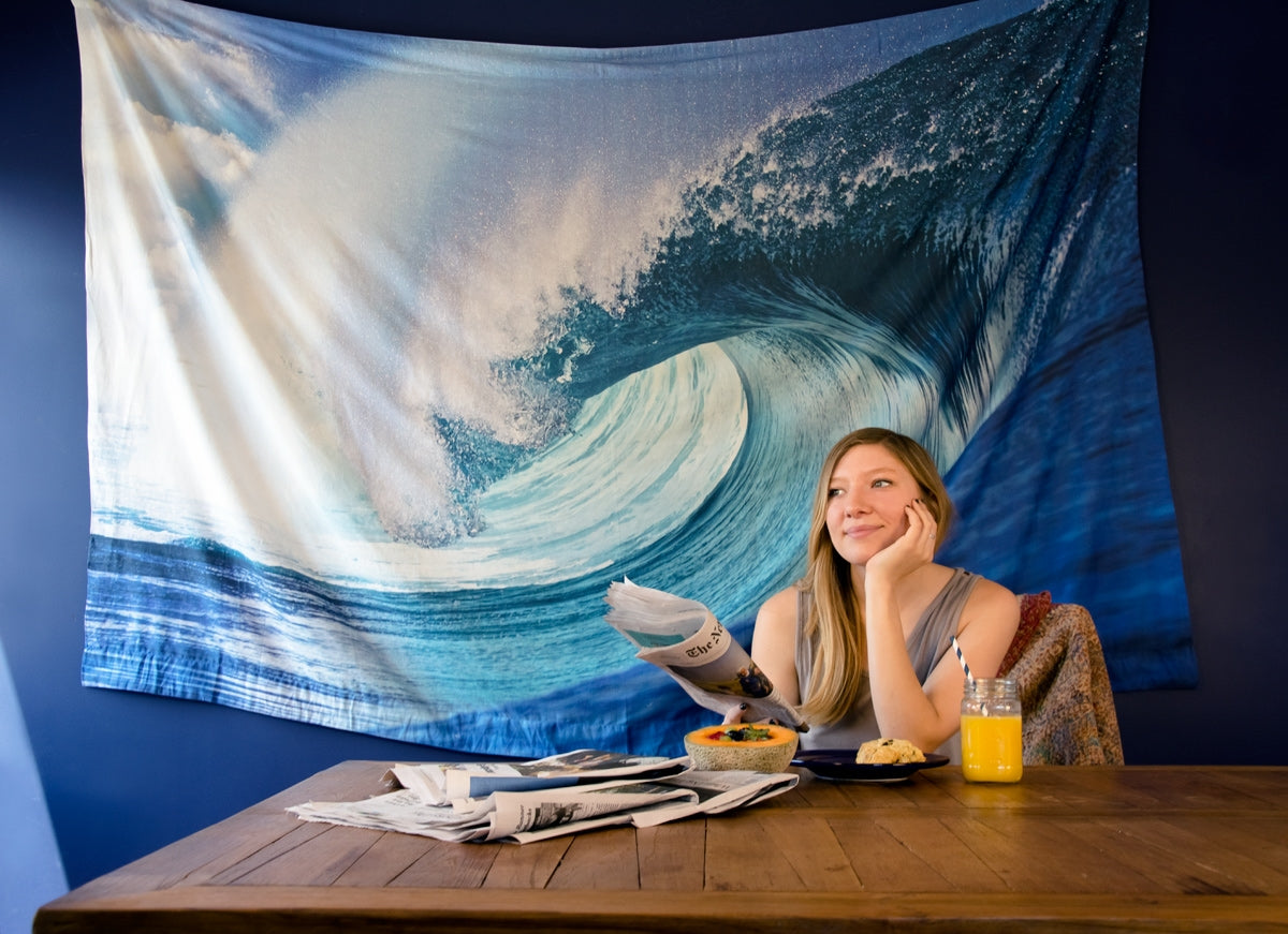 CLOSEOUT Teahupoo Surf Photo Tapestry - (Medium, 7.5 X 4.8 Feet, 100% Cotton, Fair Trade Certified) - Luna Bazaar | Boho &amp; Vintage Style Decor