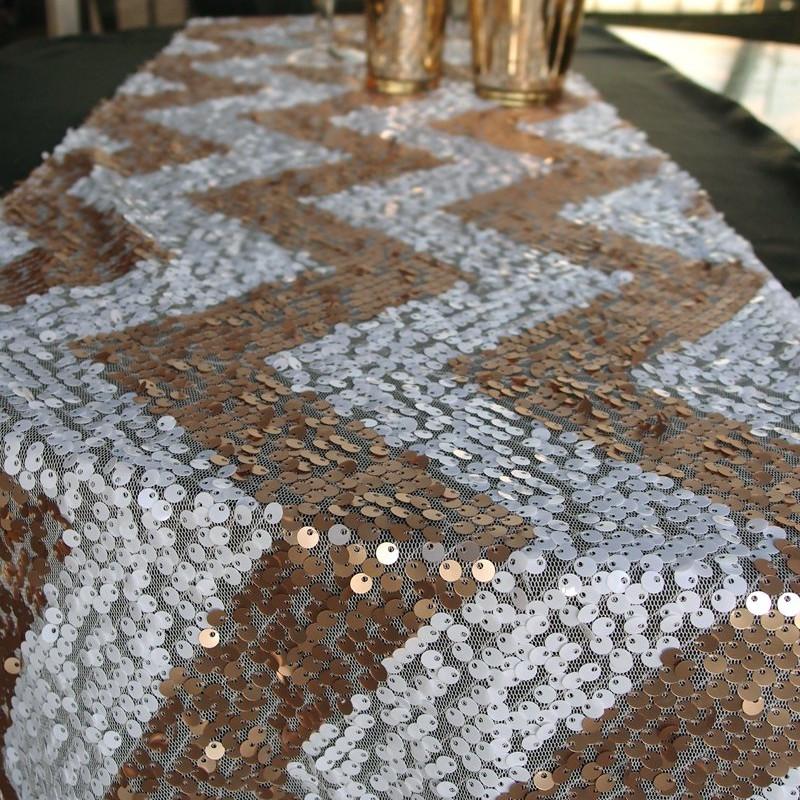 CLOSEOUT Chevron Sequin Table Runner - Champagne & White (12 x 108) - Luna Bazaar | Boho & Vintage Style Decor