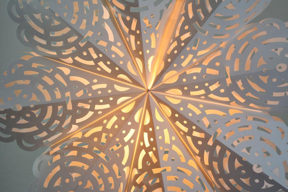 Quasimoon Pizzelle Paper Star Lantern (24-Inch, White, Winter Frost Snowflake Design) - Great With or Without Lights - Holiday Snowflake Decorations - lunabazaarshop.com - Discover. Decorate. Celebrate.