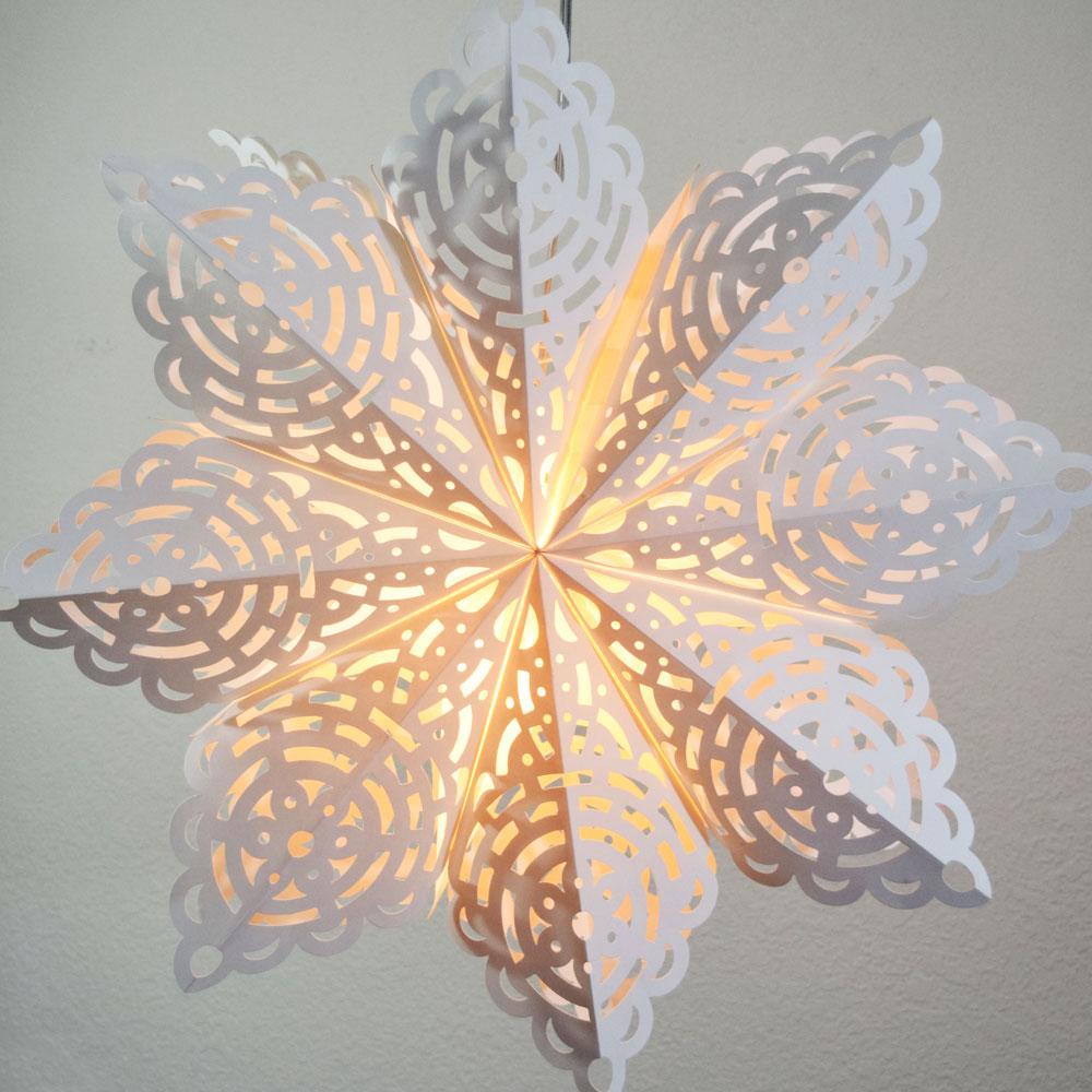 Quasimoon Pizzelle Paper Star Lantern (24-Inch, White, Winter Frost Snowflake Design) - Great With or Without Lights - Holiday Snowflake Decorations